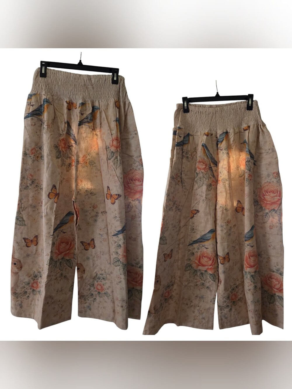 Floral Bird Print Wide-Leg Pants - Beige  NWOT